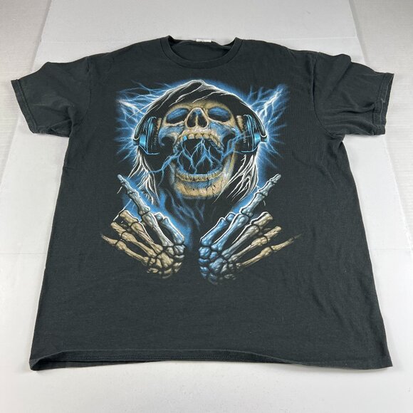 Y2K Skull Skeleton Lighting Rock Reaper Shirt Fits Medium Black Faded Tee Tag L - Picture 1 of 11